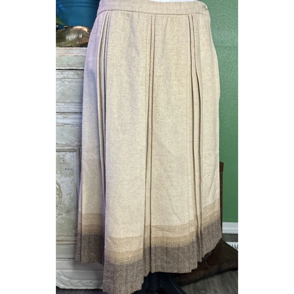 Vintage Pleated Wool Oatmeal Colored Midi Skirt, Medium Library Chic Academia